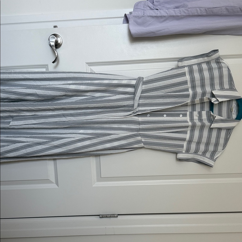 Calvin Klein White and Blue Polo Collar Maxi Dress